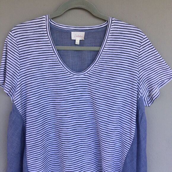 Deletta Anthropologie Callisto Swing Top M Blue Black Stripes Peplum Tee Coastal - Picture 5 of 13